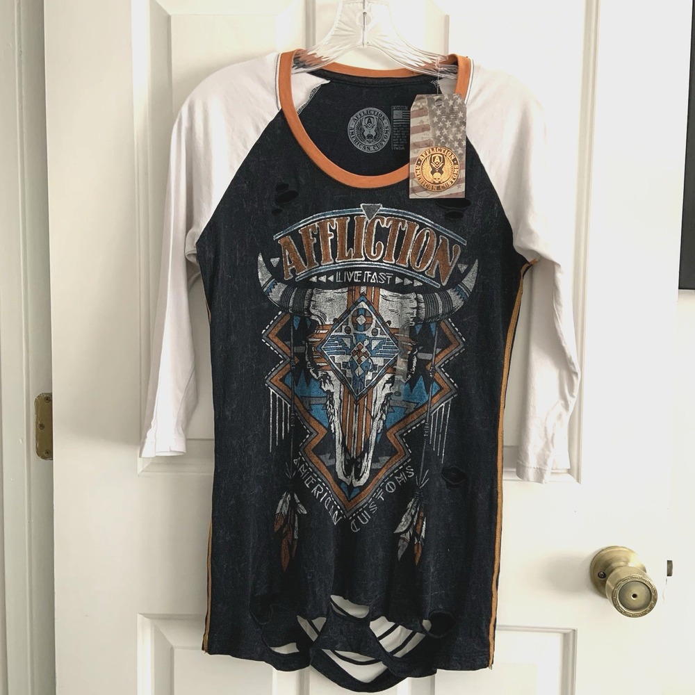 NWT Affliction American Customs Womens Shirt Med Raglan 3/4 Live Fast Thrashed